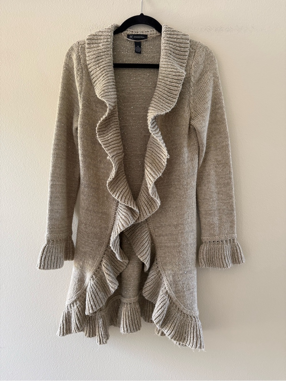 INC International Concepts Sparkly Neutral Beige Ruffle-Front Open Cardigan